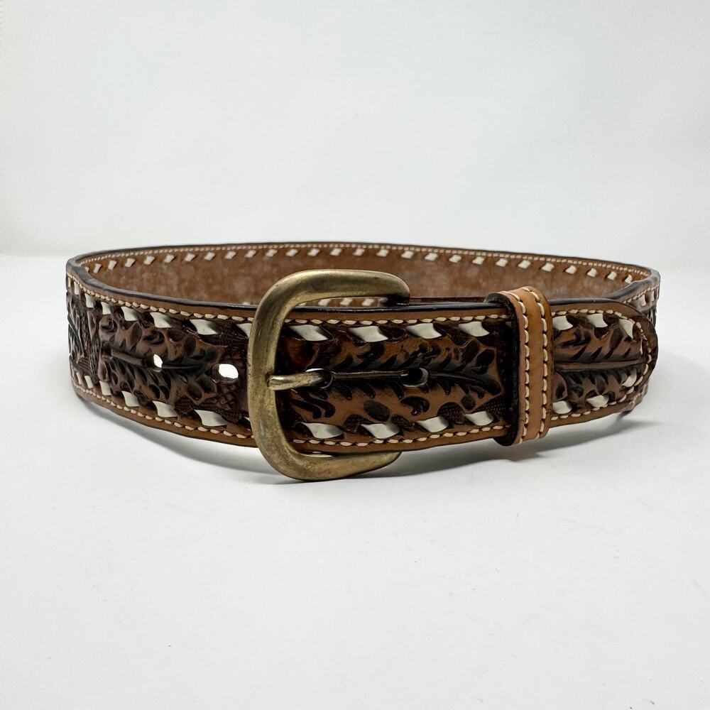 Tory Full Grain Cowhide Brown Leather Tooled Acorn Oak Leaf Laced Belt Size 30